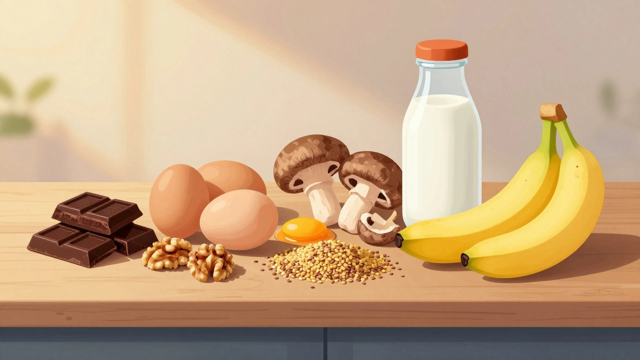 Разноцветная композиция продуктов для хорошего настроения: шоколад, яйца, орехи, грибы, кефир и банан.