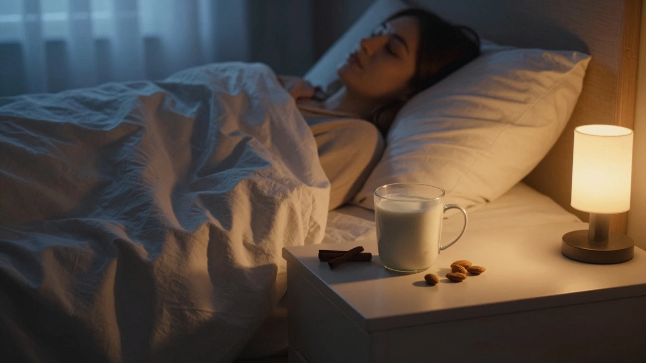 Тёплое молоко с корицей и миндаль на тумбочке рядом с кроватью ночью