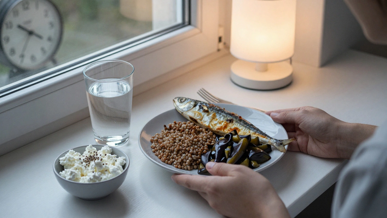 Вечерний ужин из запеченной скумбрии, гречки и баклажанов с творогом и водой на фоне вечернего окна.
