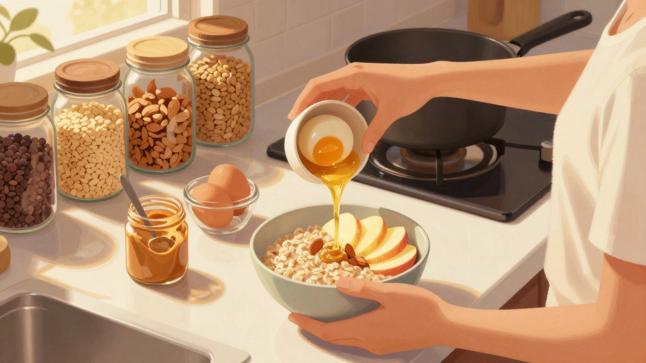 Человек готовит овсянку с яблоком и миндальным маслом, рядом — баночки с орехами и семенами на кухонной стойке.