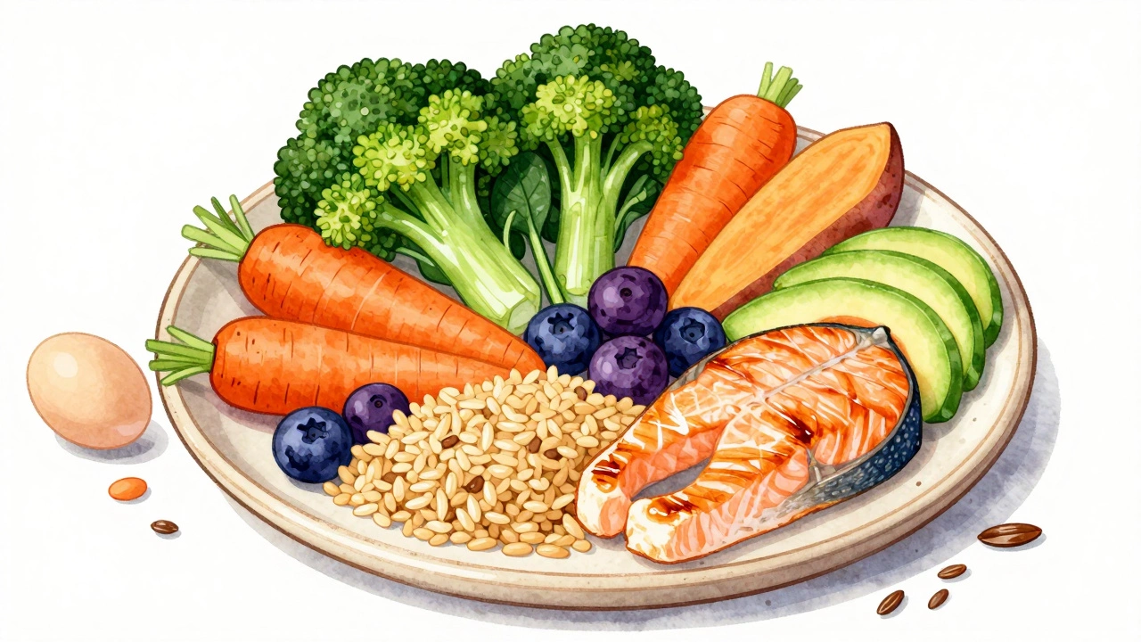 Цветная мозаика из пяти групп здоровой еды: овощи, злаки, белки, жиры и фрукты на тарелке.