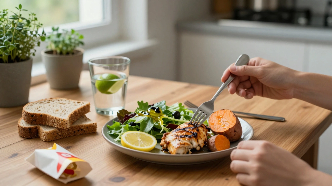 Домашняя тарелка с курицей, сладким картофелем и салатом на деревянном столе под естественным светом.