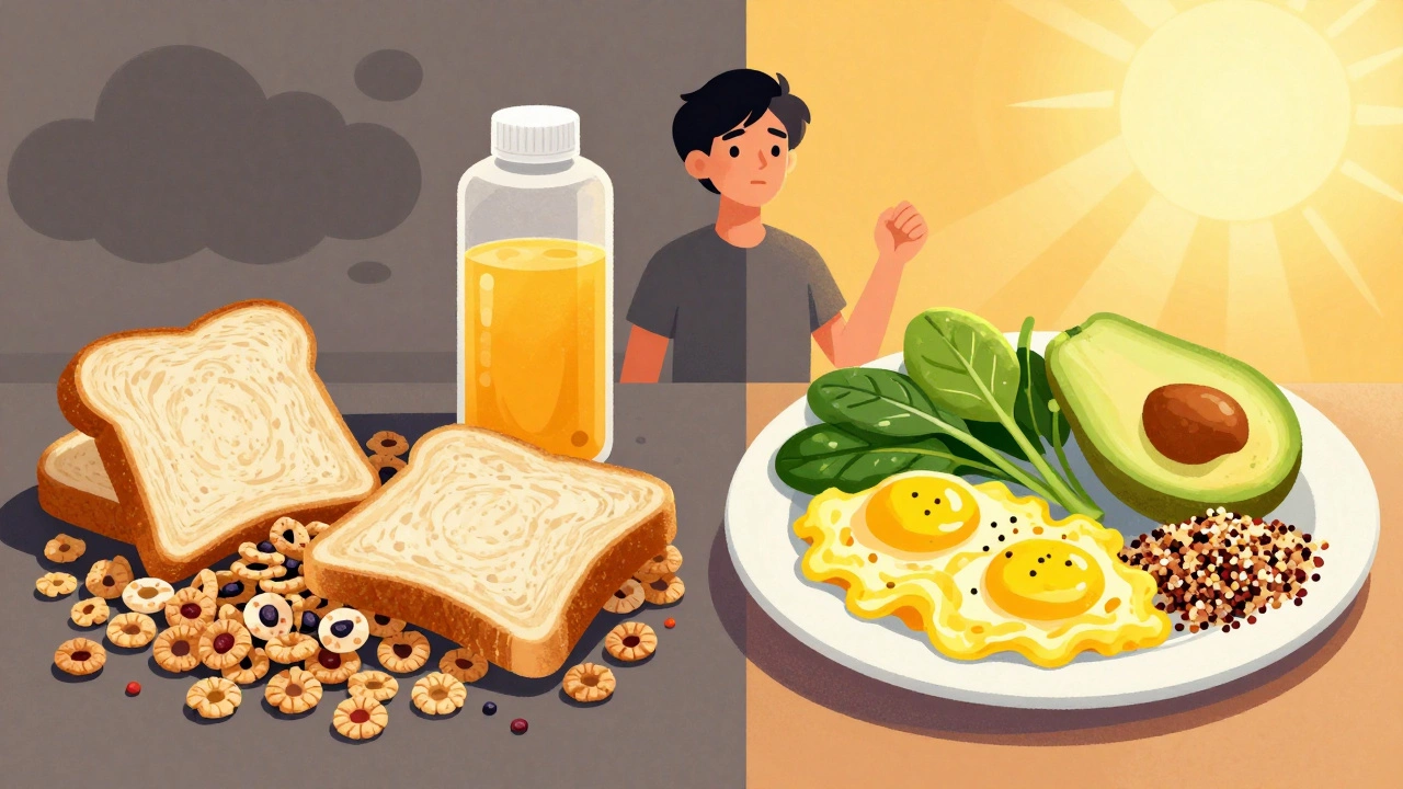 Два завтрака: сладкий с мучным и тучными облаками против свежего с овощами и солнечным светом — символ выбора энергии.