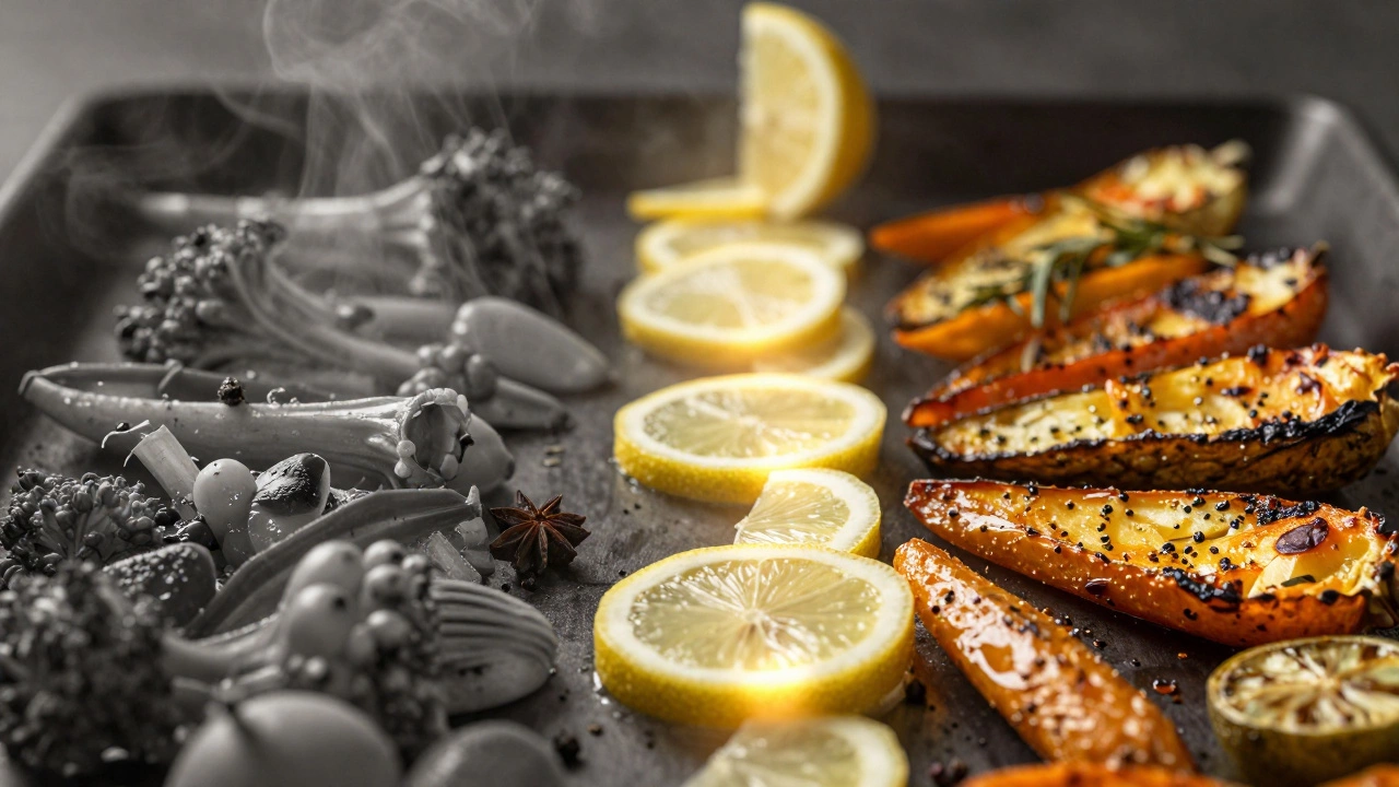 Две стороны тарелки: скучные варёные овощи слева и хрустящие запечённые справа, между ними — лимон и специи.