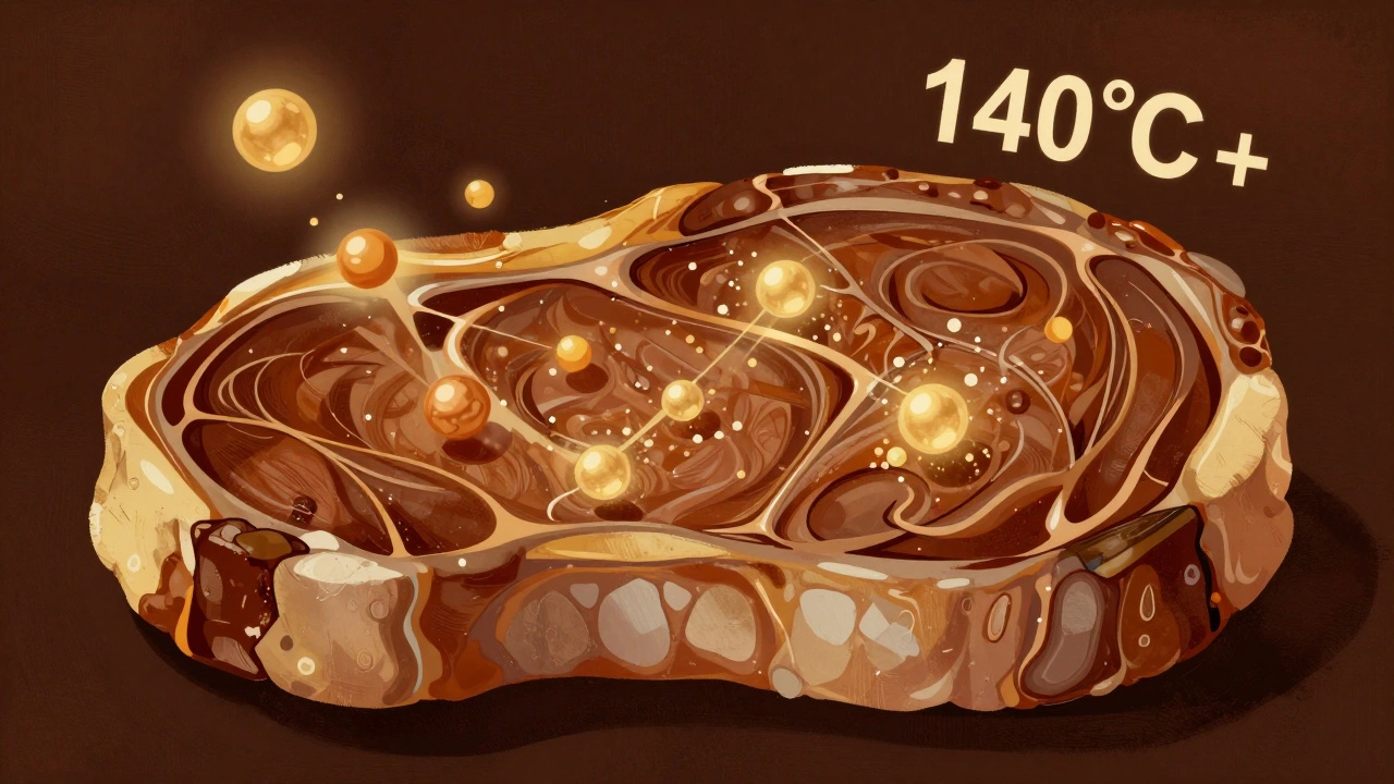 Молекулярная реакция Маилларда на поверхности стейка с ароматическими частицами.