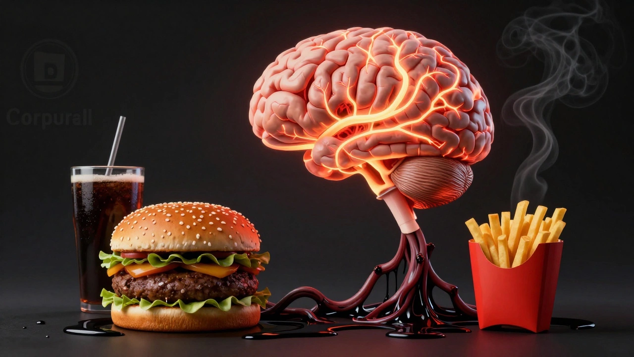 Мозг с нейронными путями, соединёнными с фастфудом токсичными лозами, символизирующий зависимость.