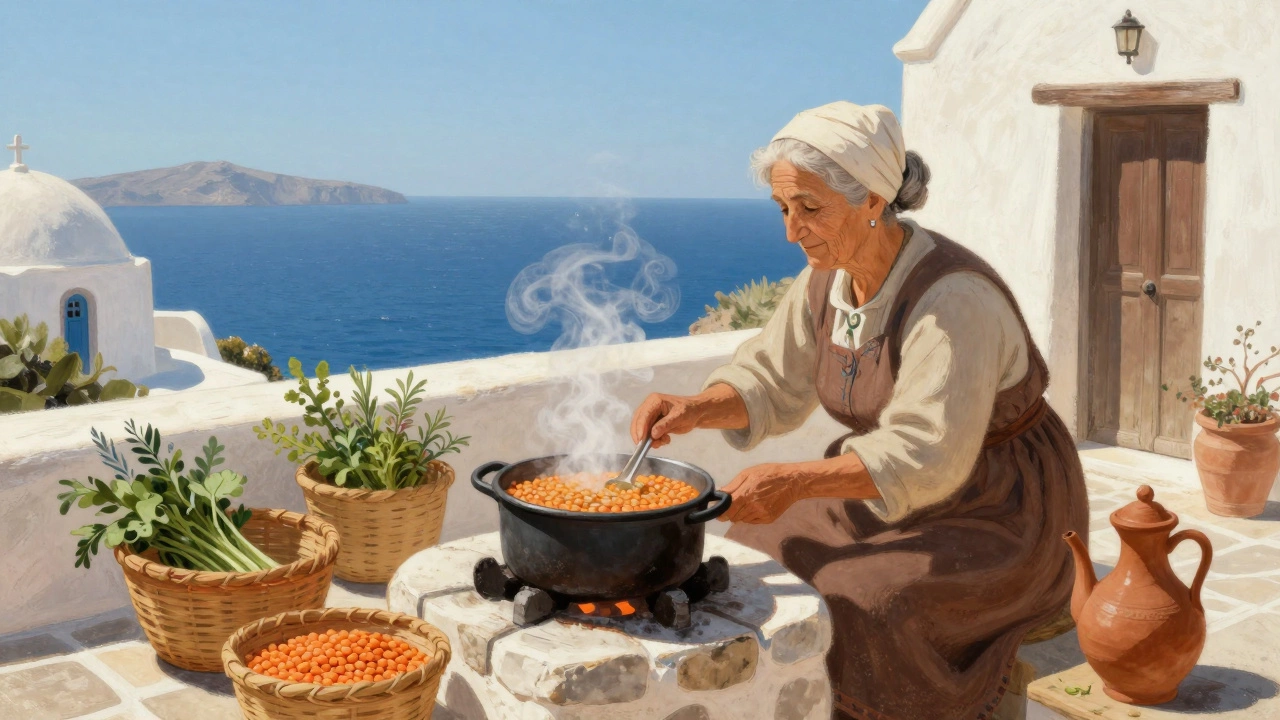 Пожилая женщина подает чечевицу на камине в греческой деревне, рядом — бобы и травы.