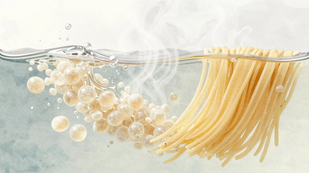 Превращение крахмала в макаронах: набухшие гранулы и клейкая масса в воде.
