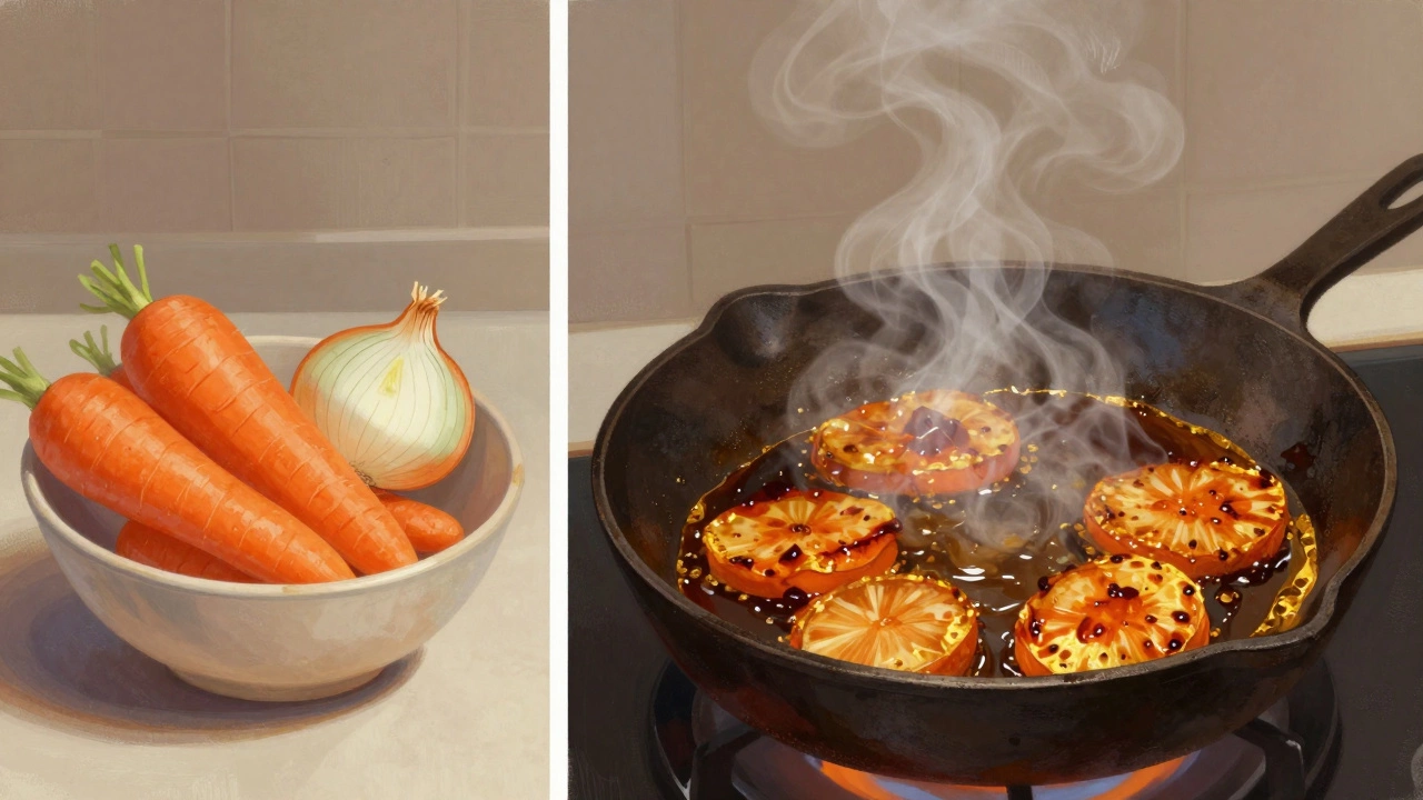 Разделённая сцена: сырые морковь и лук слева, жареные и карамелизированные — справа, с тёплым светом и паром.