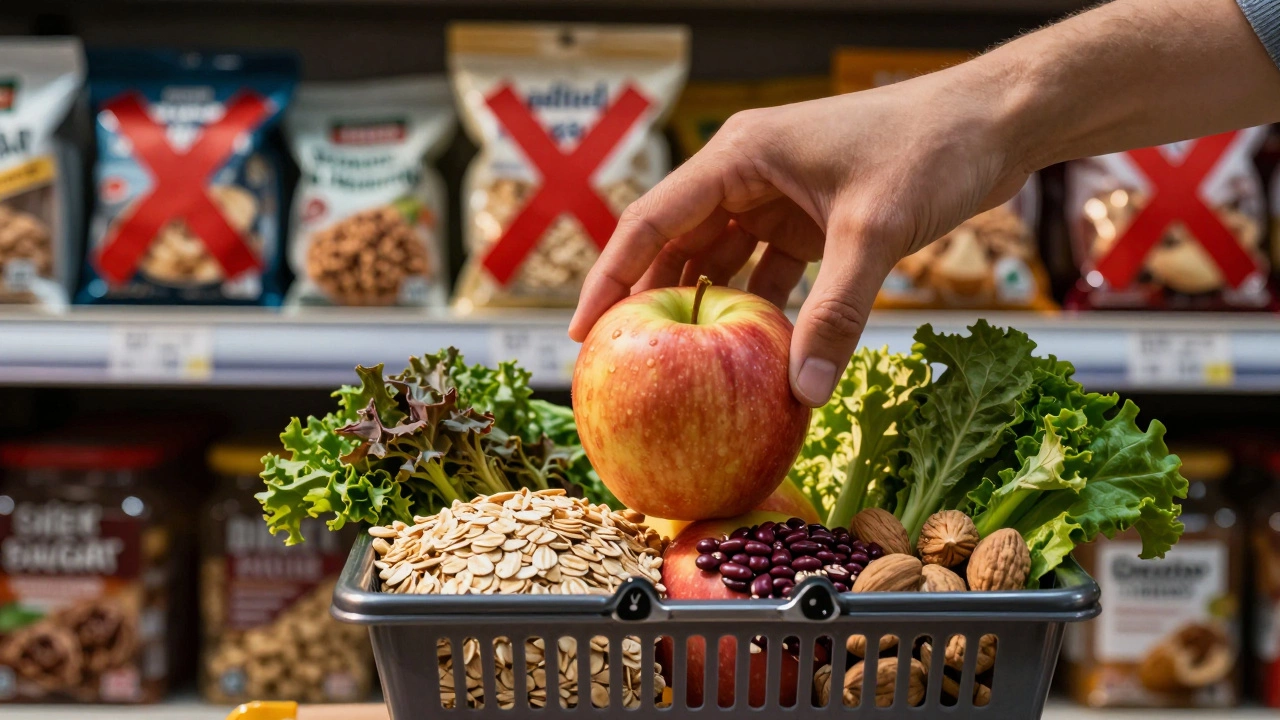 Рука кладёт яблоко в корзину с цельными продуктами, а позади — упаковки с пометками 'сахар' и 'консерванты'.