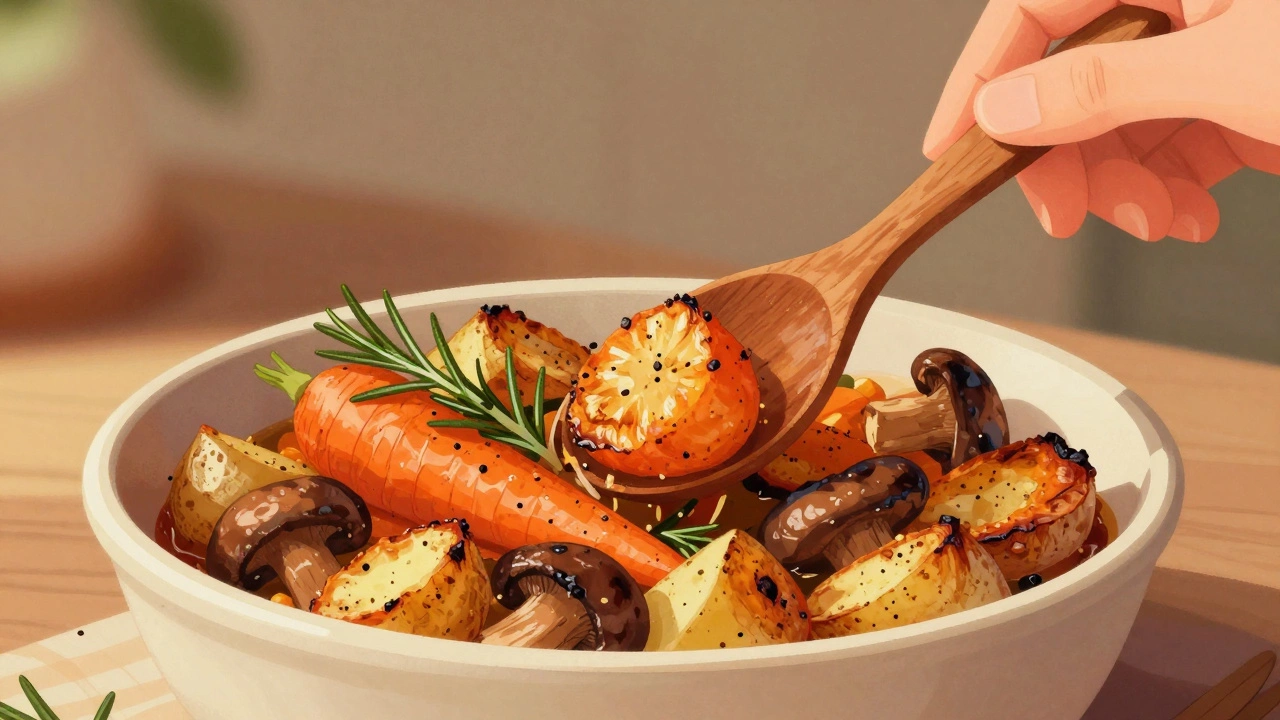 Рука перемешивает запечённые овощи с розмарином и перцем, на тёплом фоне.