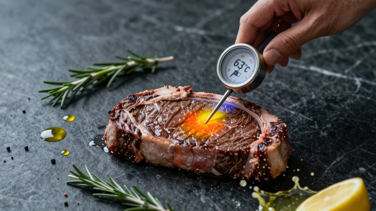 Рука с термометром в запечённой говядине, рядом капли лимонного сока и оливкового масла, тёплый свет на тёмном мраморе.