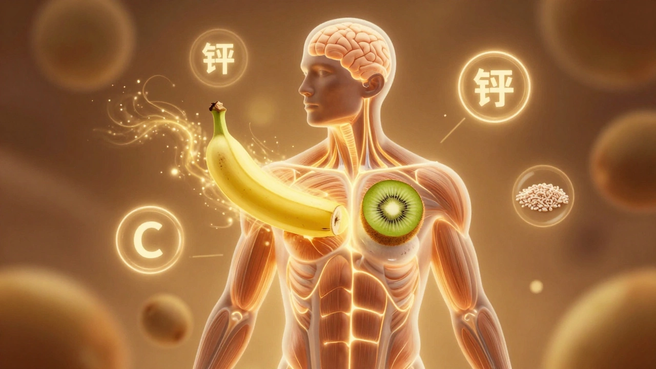 Схематичное изображение энергии, исходящей из фруктов в тело человека.