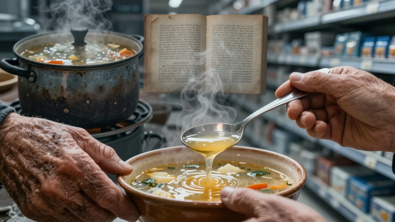 Старые и молодые руки кладут харчо в миску, за ними — смутные образы исчезающих кулинарных традиций.