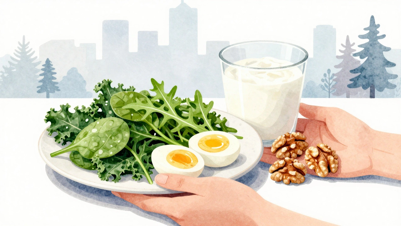 Тарелка с вареными яйцами, орехами, кефиром и темной зеленью