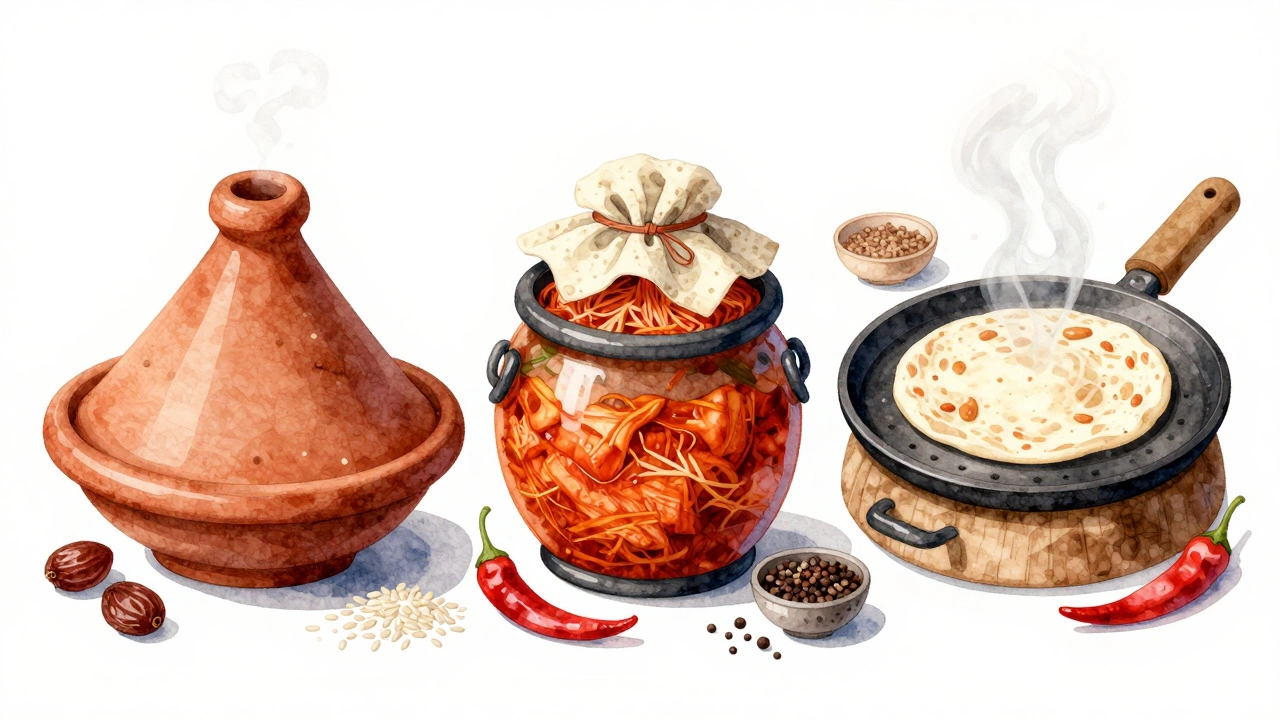 Три кулинарные традиции: таджин, кимчи и тортилья, изображённые в водяных красках с местными ингредиентами.