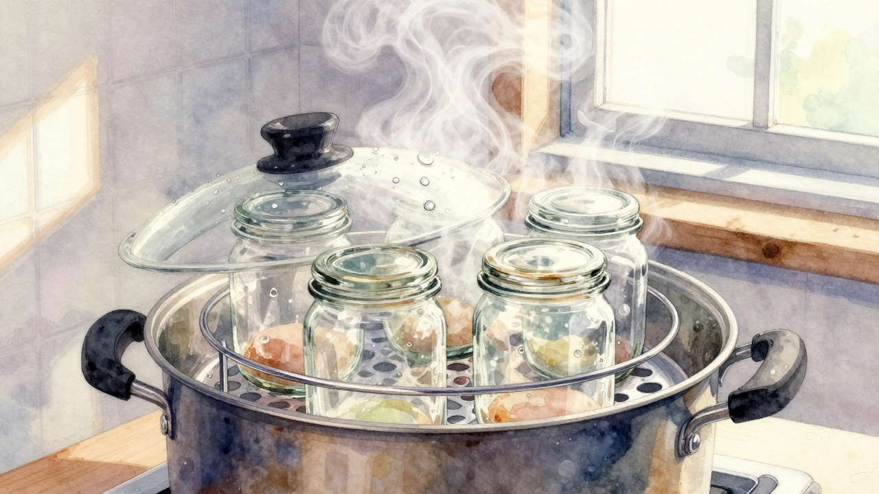 Банки на пароварке, пар поднимается из кастрюли, крышка закрыта.