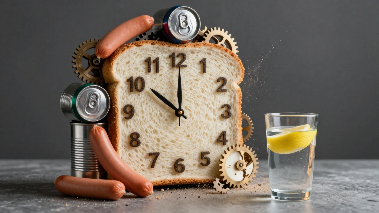 Часы, сделанные из вредной еды, разрушаются, а рядом — стакан воды с лимоном, символизирующий здоровый выбор.