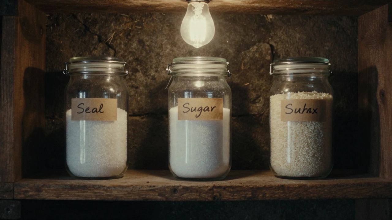 Деревянная полка в погребе с тремя стеклянными банками: соль, сахар и белый рис, освещённые лампой.
