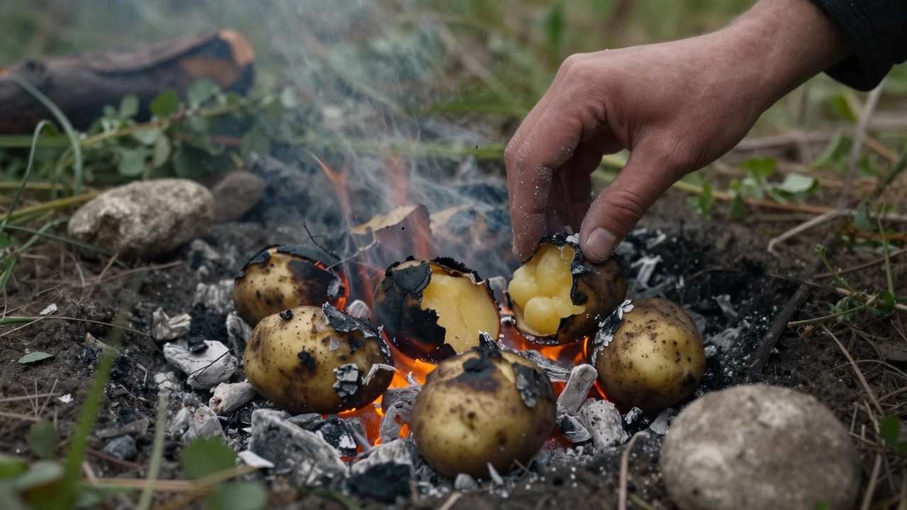 Картофель в золе, кожура треснула, показывая мягкую внутренность, рука сбивает пепел.