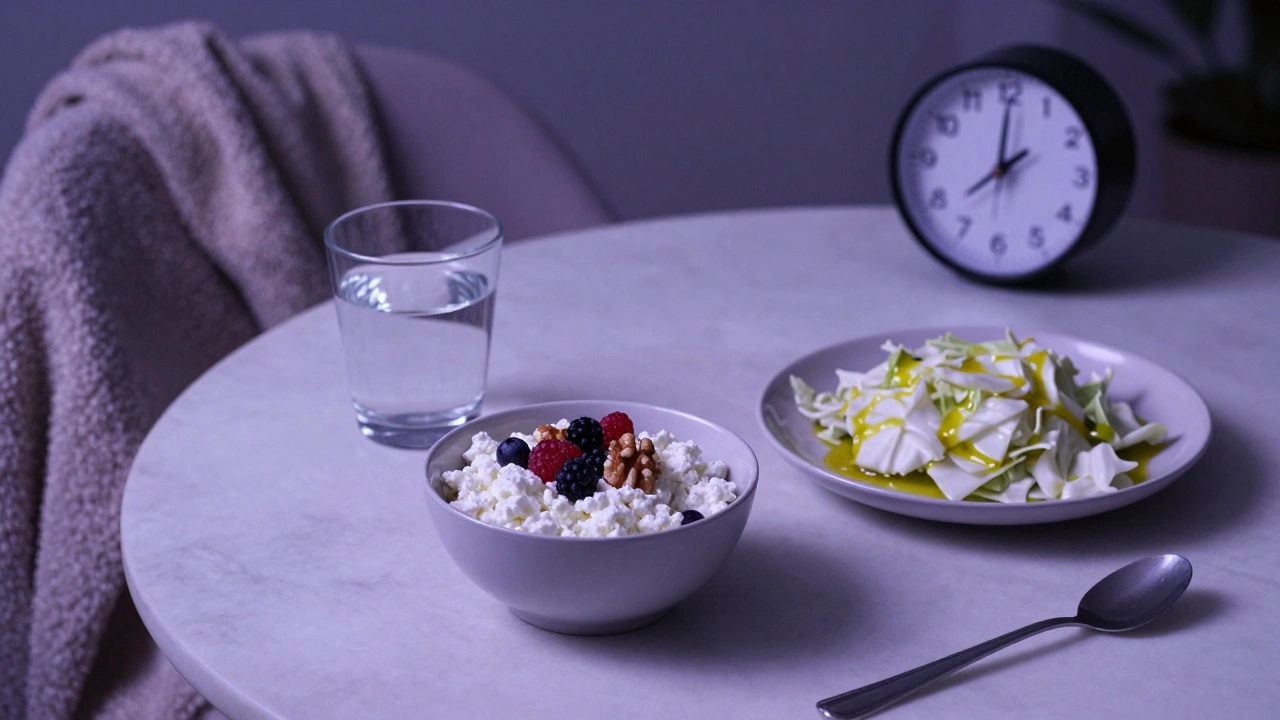 Лёгкий ужин с творогом и ягодами перед сном в спокойной обстановке.