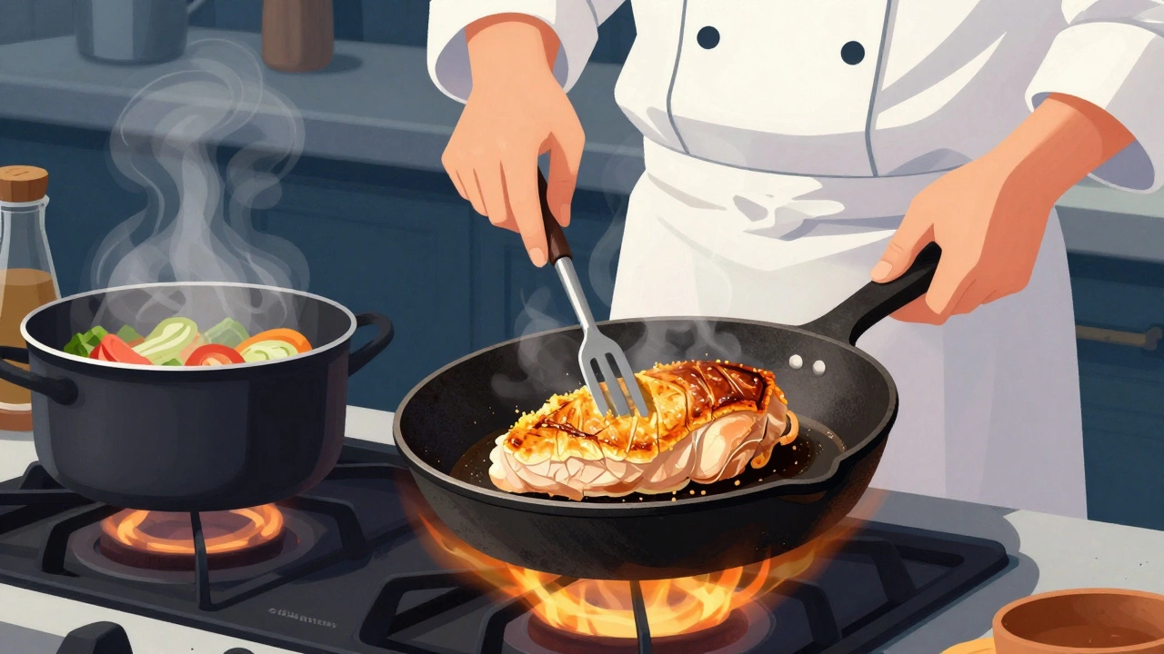 Повар обжаривает курицу и тушит овощи, видны золотистая корочка и пар от сковороды.