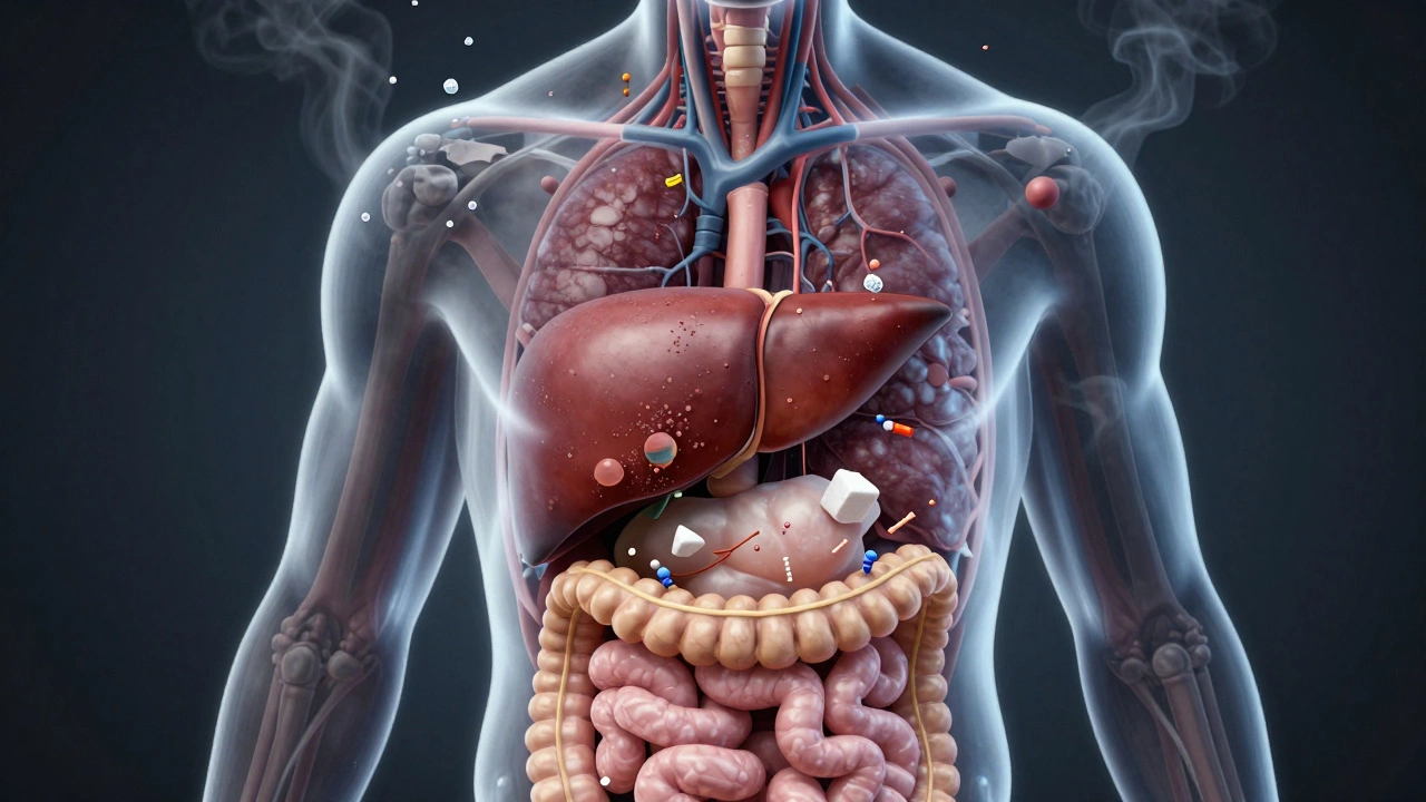 Прозрачное тело с поврежденными внутренними органами: жировая печень, забитые артерии, воспаленный кишечник, окруженные символами вредных добавок.