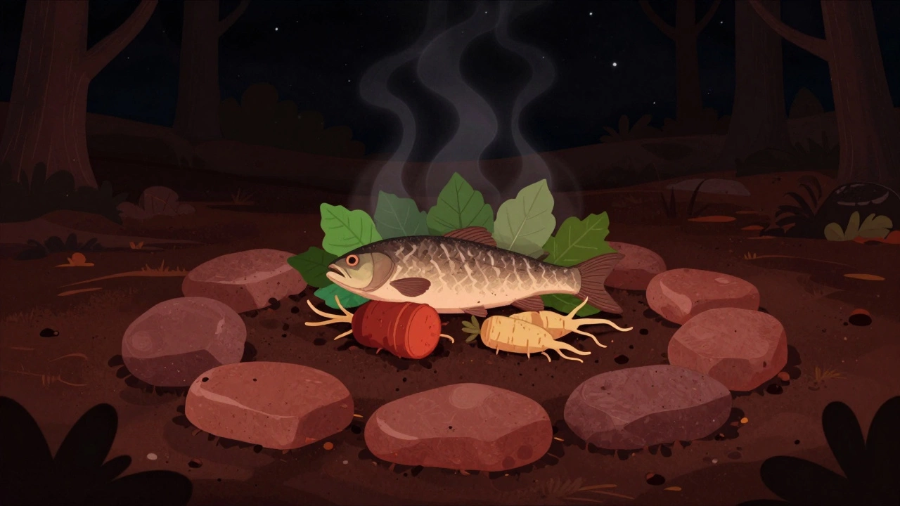 Раскалённые камни с рыбой и овощами, накрытые листьями и землёй, на фоне ночного неба.