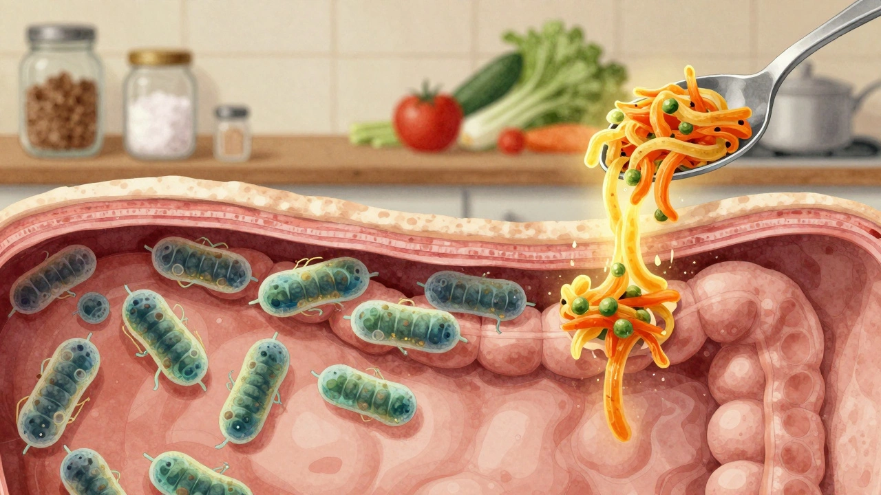 Схема кишечника с живыми бактериями, в которую вливается порция квашеных овощей, тёплые тона.