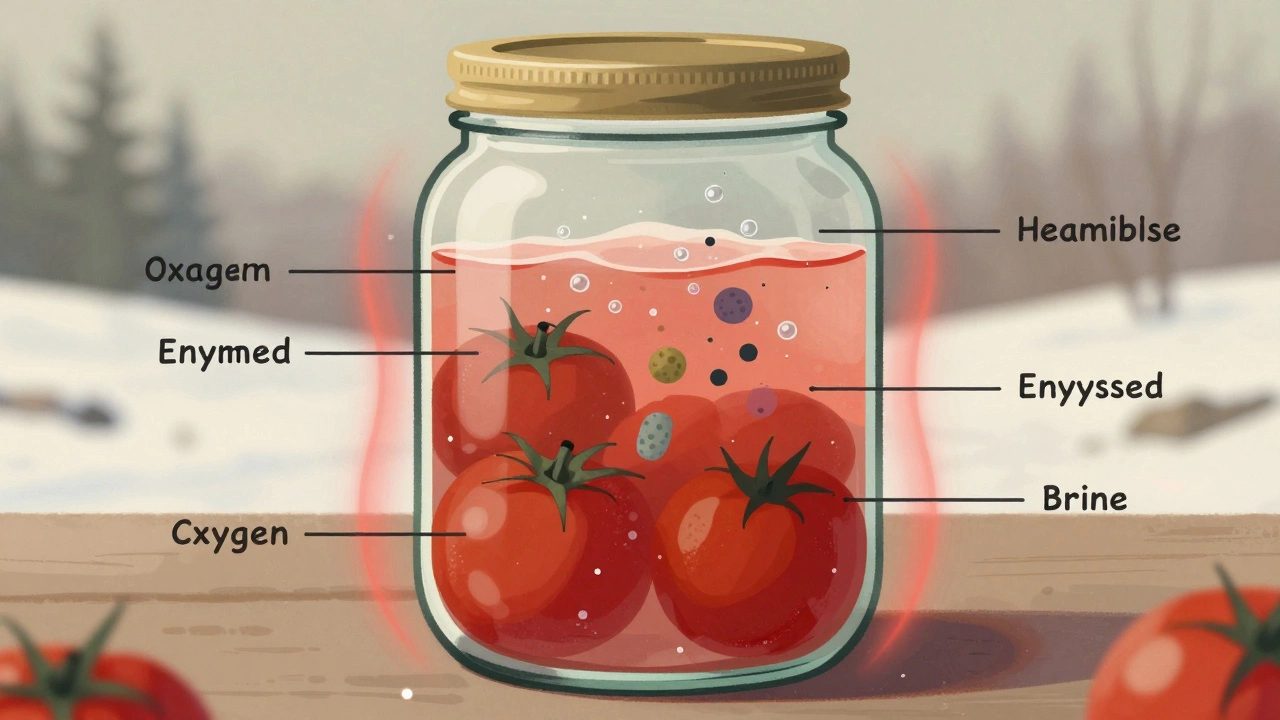 Схематичное изображение внутри банки: бактерии гибнут под теплом, уходит кислород, ферменты отключаются.