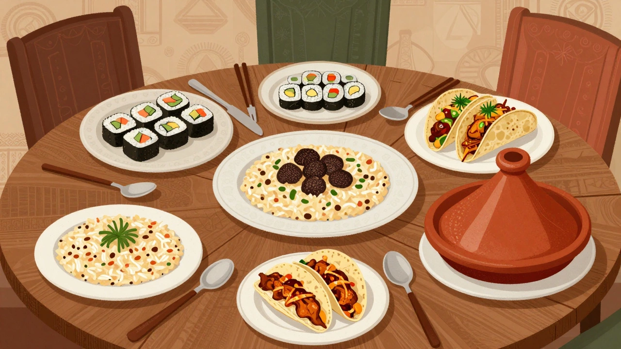 Сравнение главных блюд разных культур на одном столе: итальянское, японское, мексиканское, китайское и марокканское
