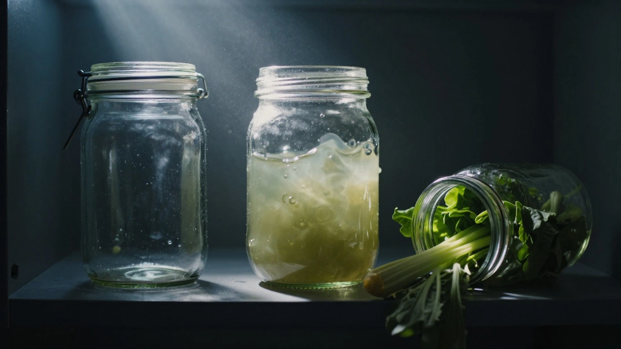 Три банки на полке: одна герметичная, одна вздутая, одна открытая — символ безопасности и опасности консервации.