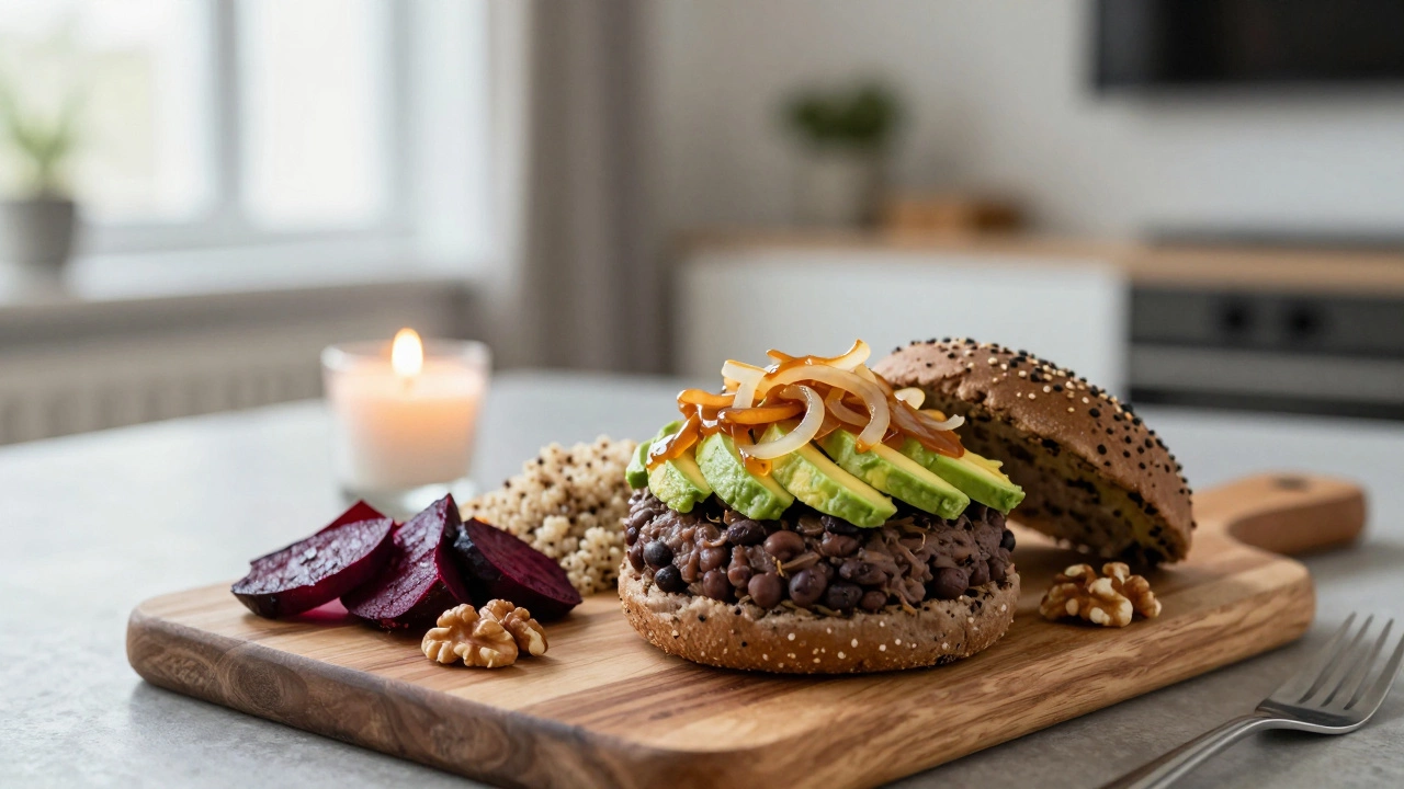 Веганское главное блюдо — бургер из чёрной фасоли с авокадо и квасцами