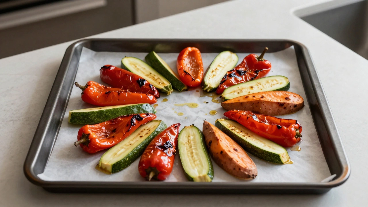 Запекание: овощи на противне без масла, с золотистой корочкой и естественным блеском.