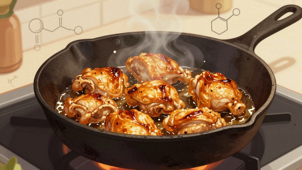 Жареная курица в сковороде с золотистой корочкой и блестящим маслом под теплым светом.