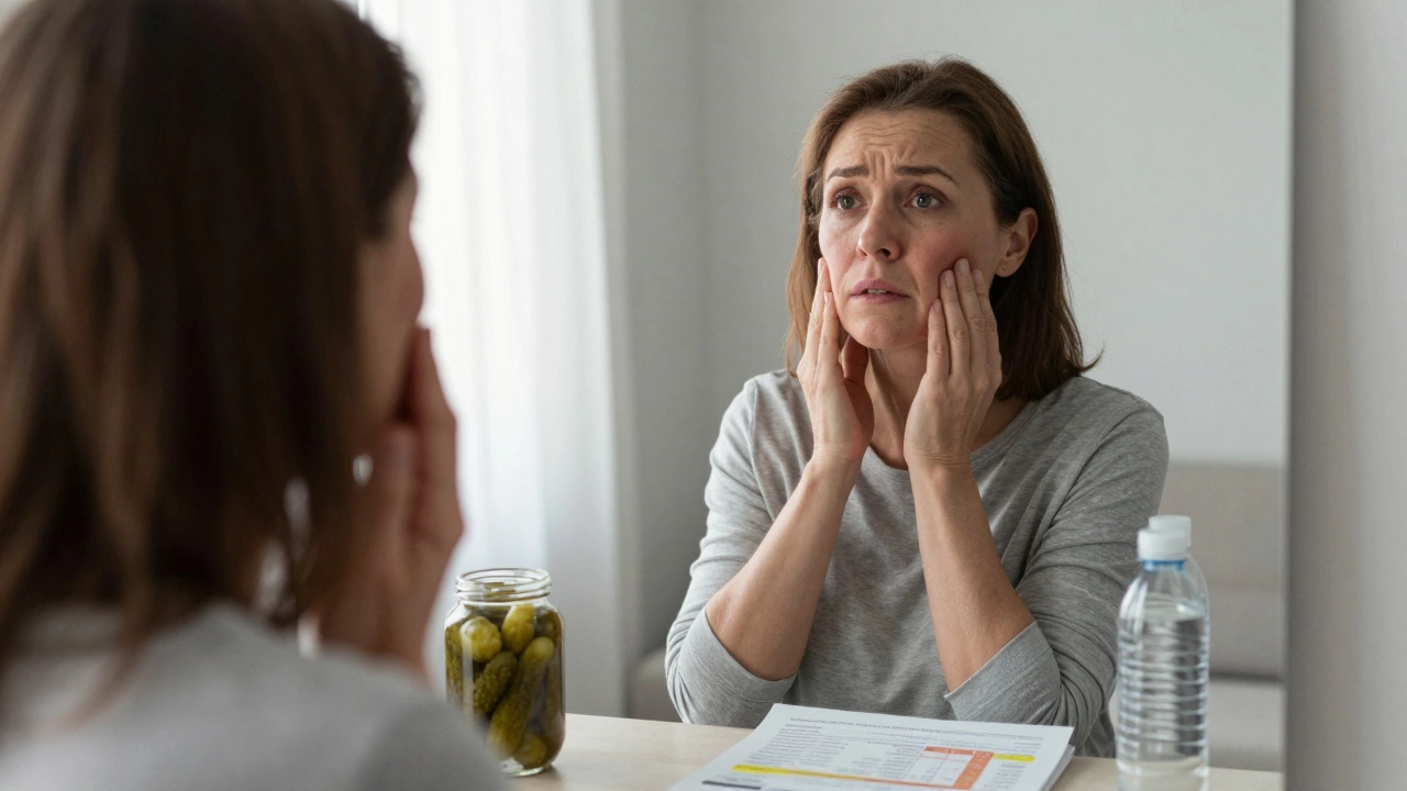 Женщина с отёчным лицом смотрит в зеркало, рядом — огурцы и анализ крови.
