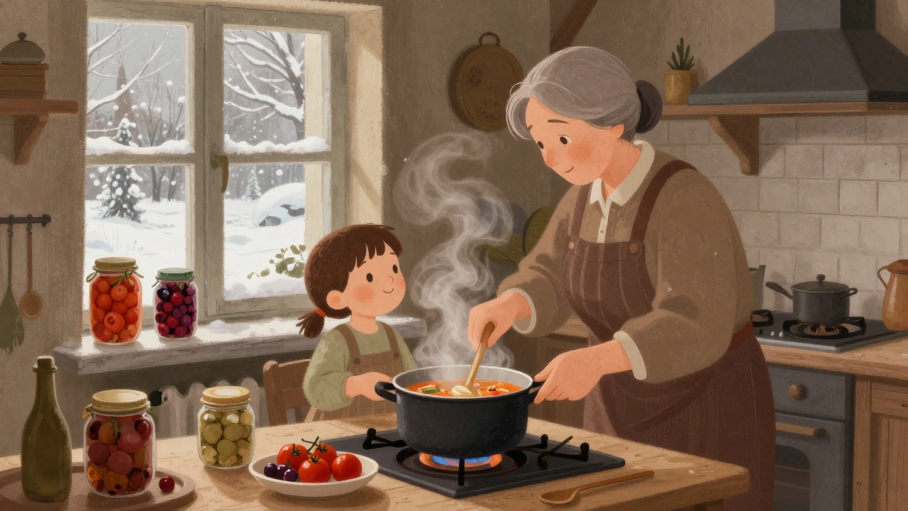 Бабушка учит ребенка варить суп, на подоконнике — банки с домашними консервами.