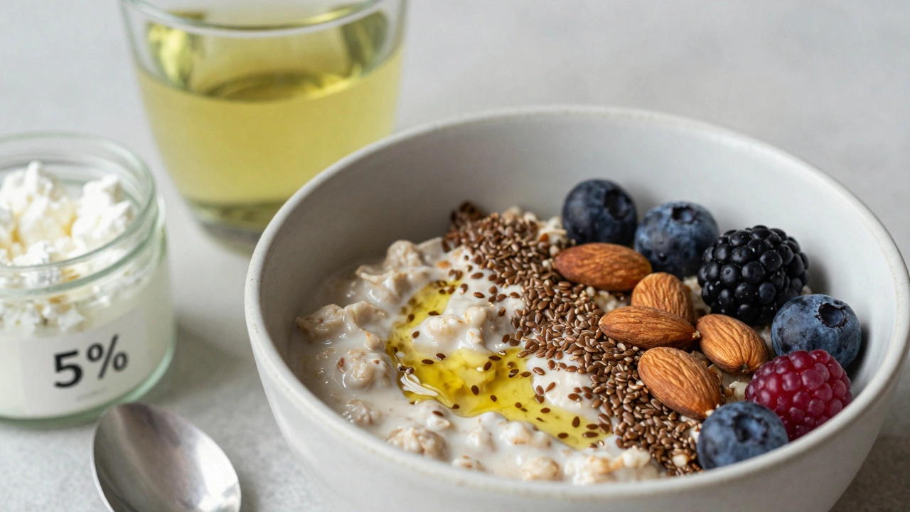 Чашка овсянки с льняным маслом, миндалем и ягодами, рядом — зелёный чай и творог — здоровый завтрак без сахара.