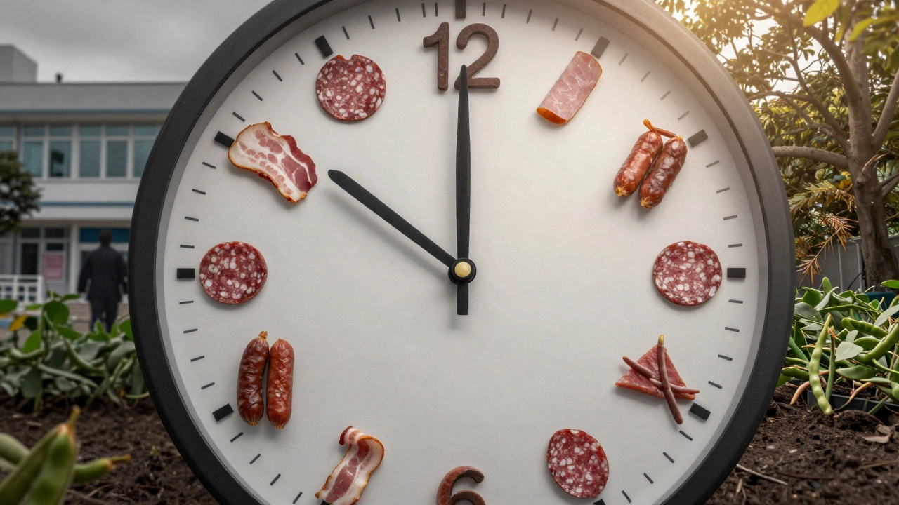 Часы, где часы заменены обработанным мясом, а человек уходит от больницы к саду с бобовыми