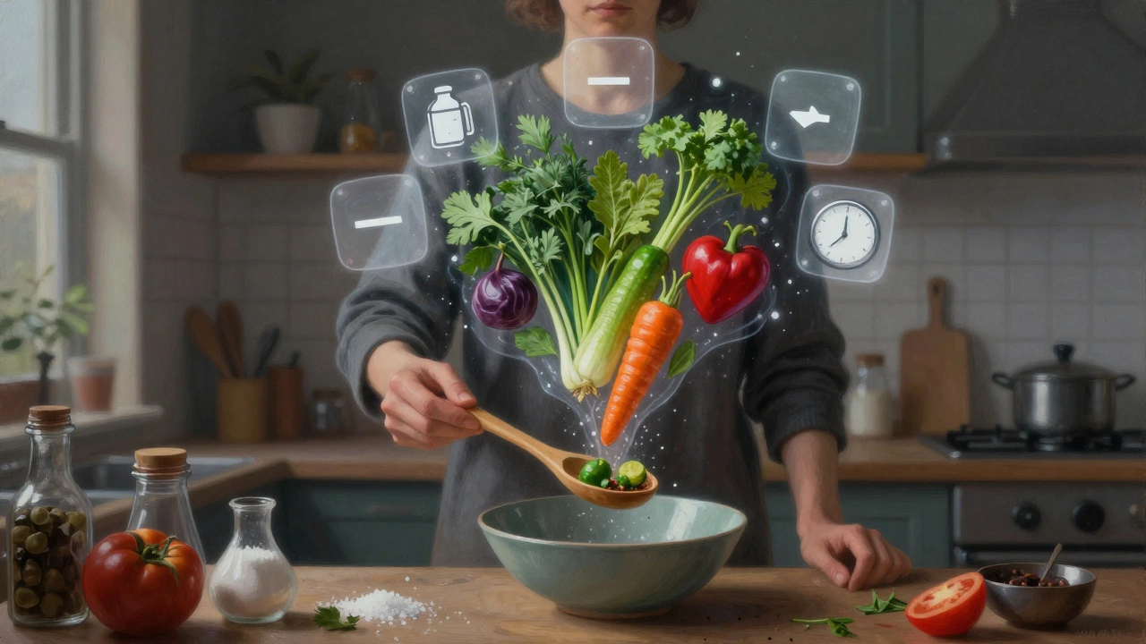 Человек держит ложку, вокруг растворяются символы вредных добавок, превращаясь в свежие продукты.