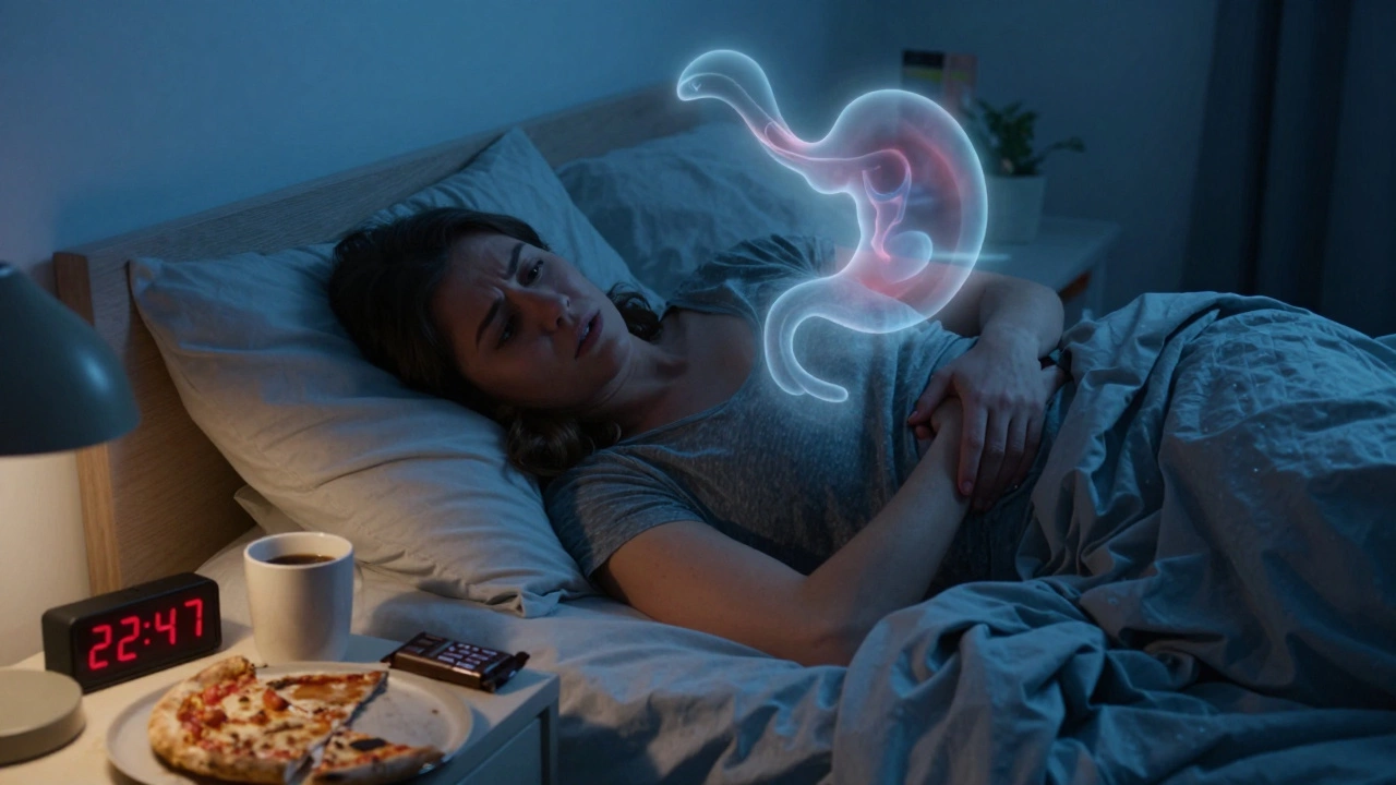 Человек лежит в постели ночью, страдая от изжоги после позднего перекуса.
