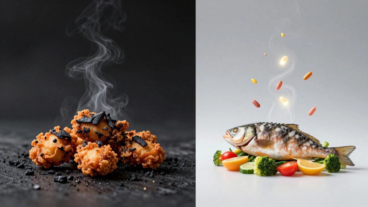 Два противоположных метода готовки: слева — жареная еда с токсинами, справа — паровые продукты с полезными веществами.