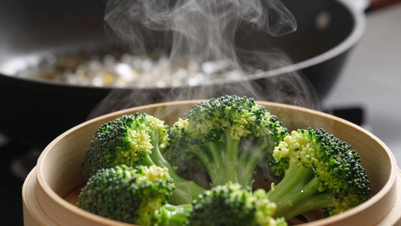 Горячий пар над брокколи и горячее масло в сковородке