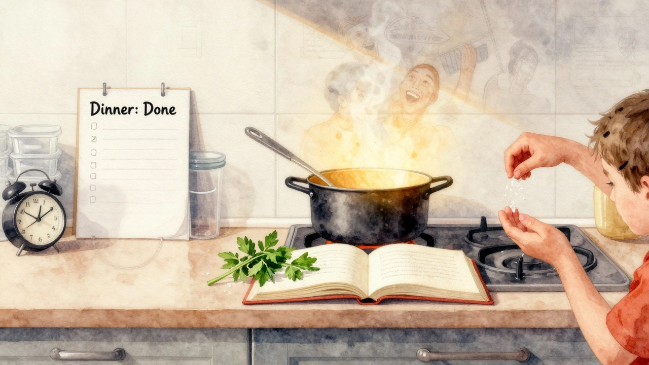 Кухонный стол разделён: одна сторона — задача и время, другая — процесс, тепло и детская рука, добавляющая специи.