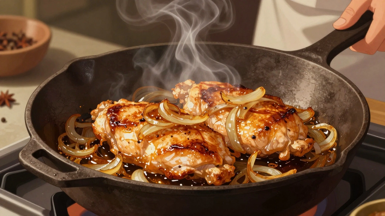 Куриная котлета на сковороде с золотистой корочкой и луком.