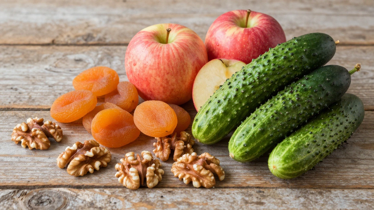 Морковь, огурцы и сухофрукты для транспортировки на деревянной поверхности.