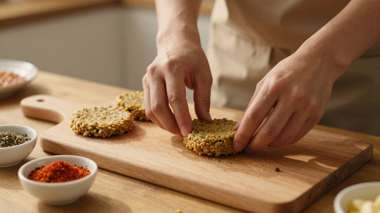 Приготовление домашних котлет из чечевицы на доске.