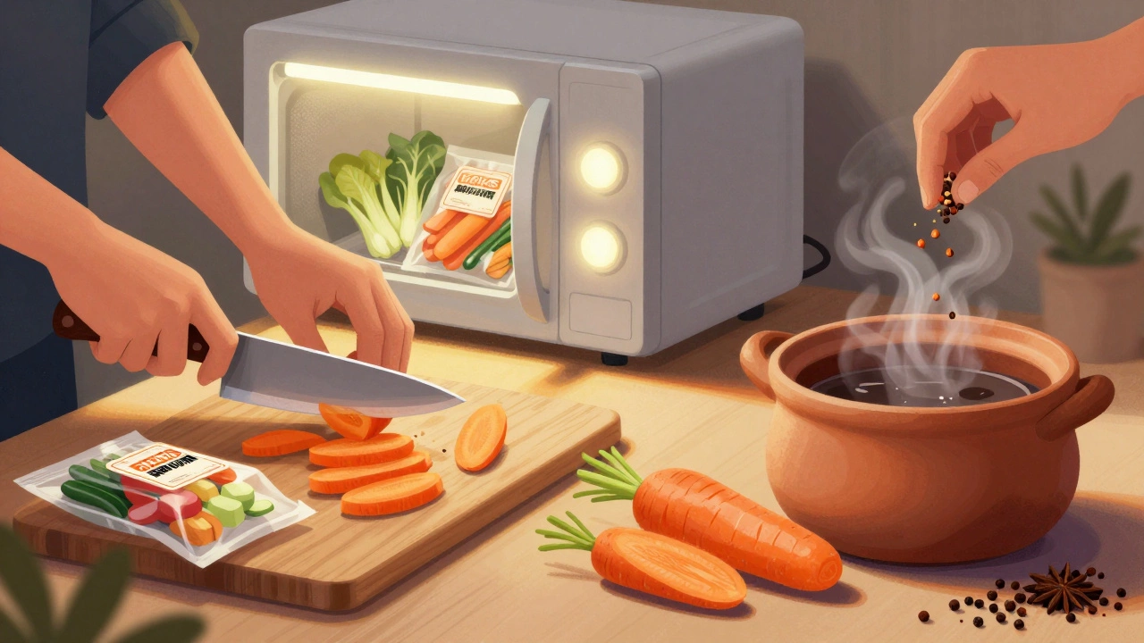 Руки готовят: одна спешит с упакованными овощами, другая медленно нарезает свежие морковь и специи.