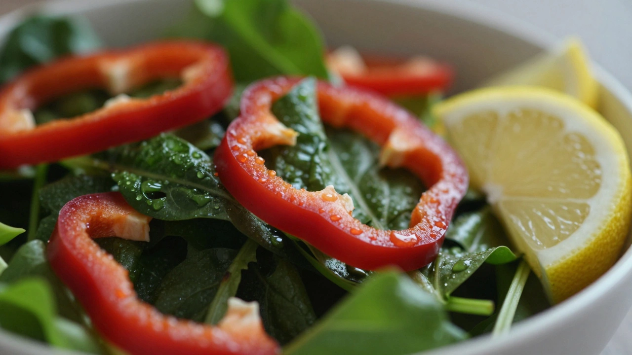 Салат со шпинатом и перцем для лучшего усвоения железа.