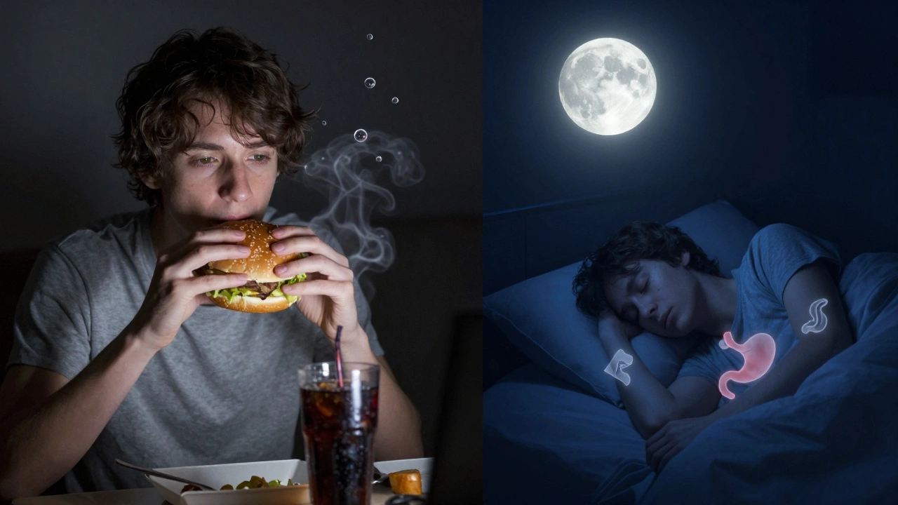 Слева — человек ест фастфуд, справа — он спит спокойно, изображены процессы переваривания и отдыха.